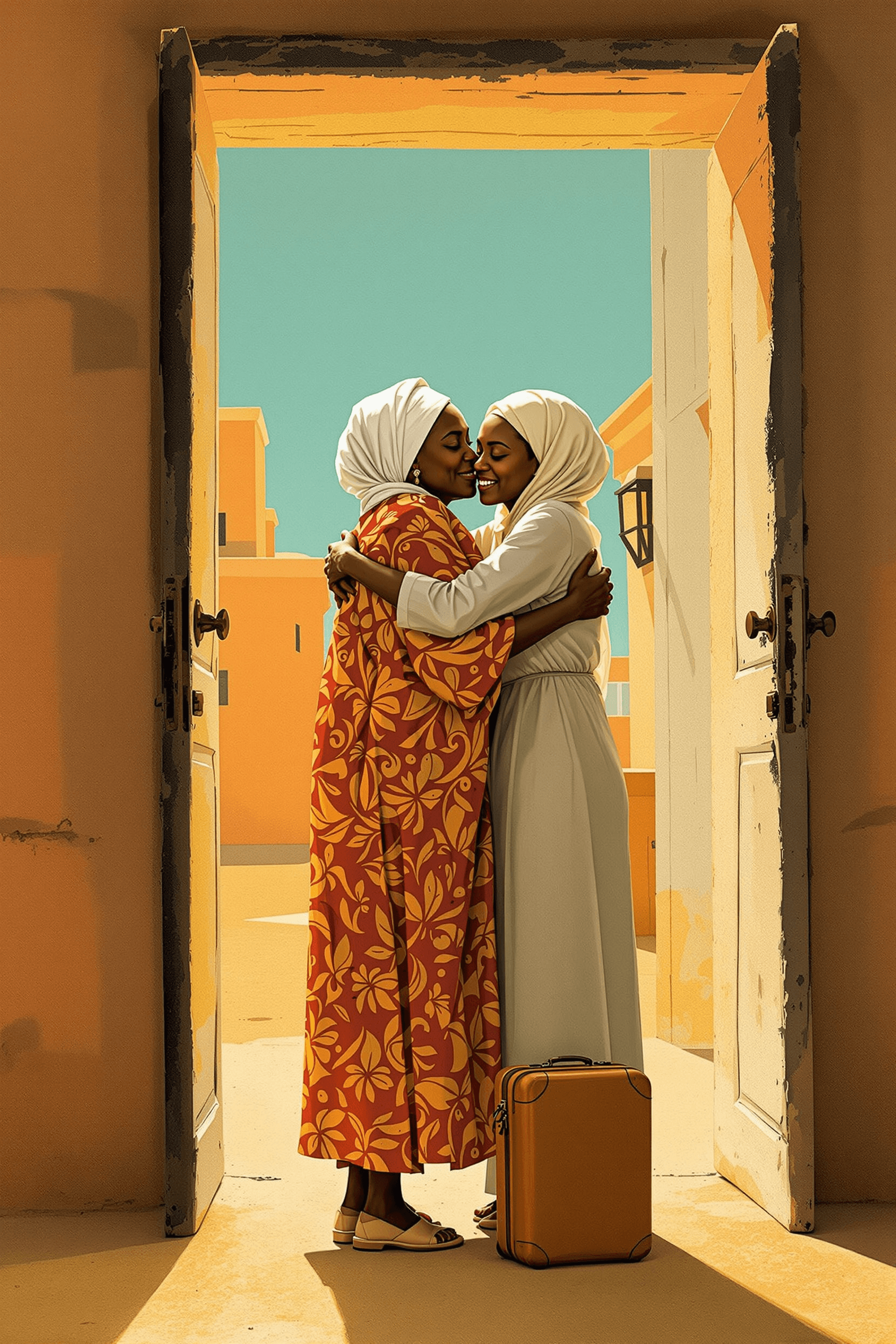 A multi-generational Sudanese family walking the Nile-front promenade at golden hour — coming home